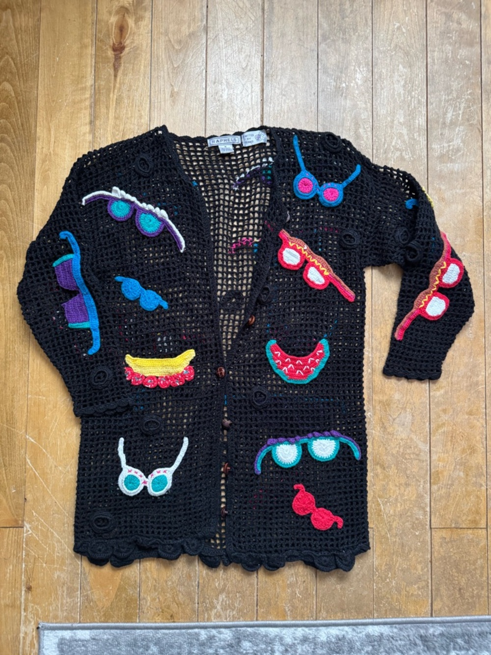 Vintage Hand Knit Black Crochet Cardigan with Colorful Sunglasses Appliqués Med